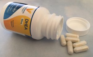 Bottle of Vitamin Shoppe DHEA Supplement